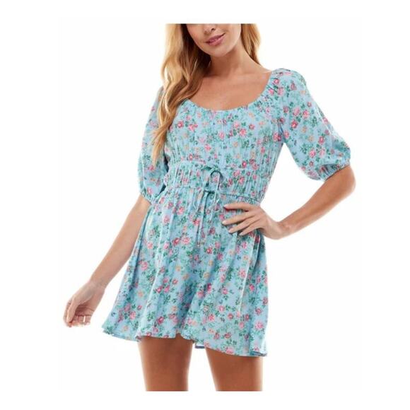 Bebop Scoopneck Double Tie Floral Puff Sleeve Wide Leg Romper in Sky Pink LG $39 - Picture 1 of 5